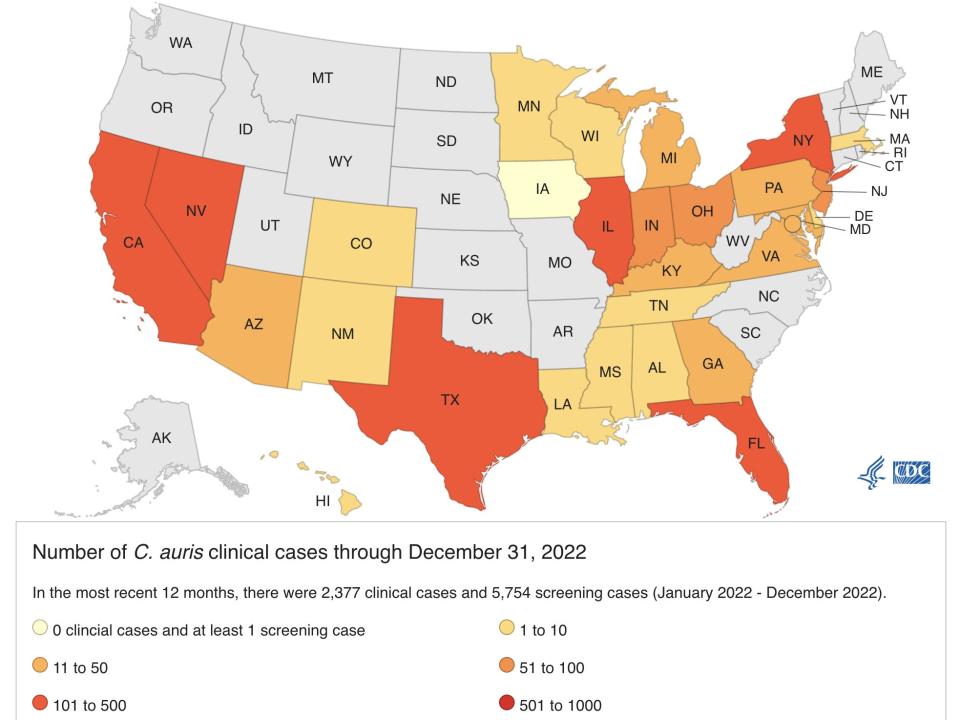 CDC map of Candida auris infections in the US, 2022