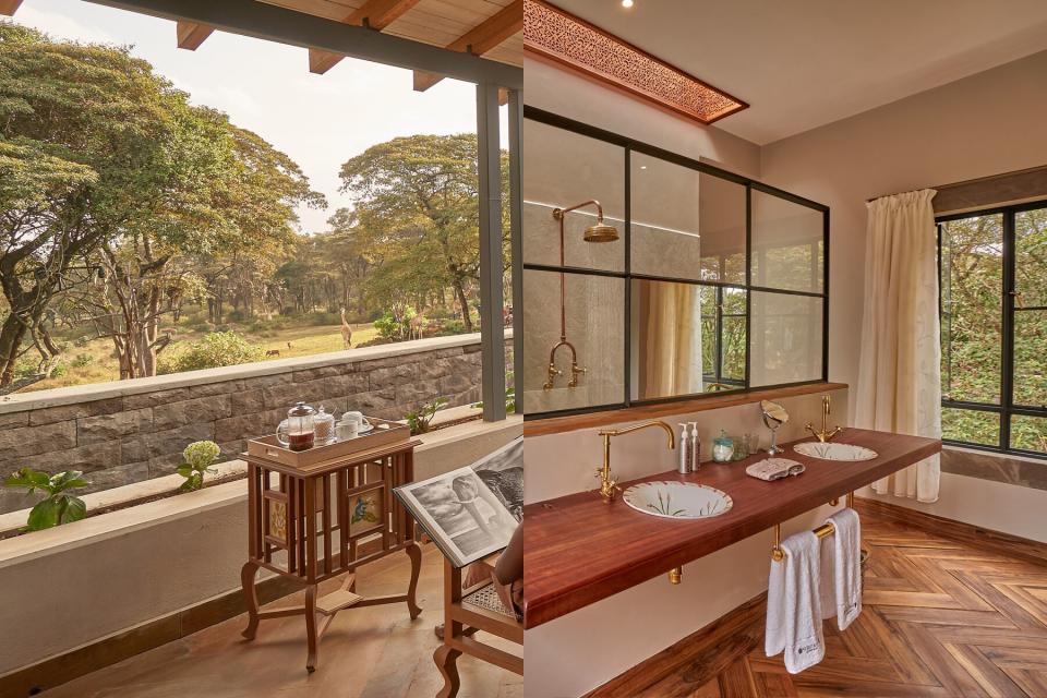 The balcony and bathroom from the Waridi room at Giraffe Manor