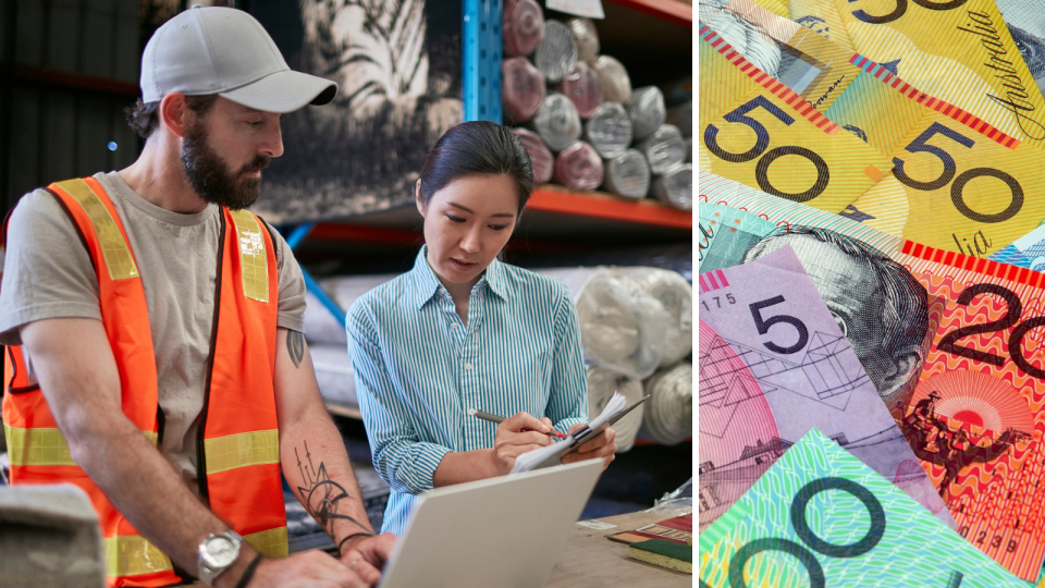 Composite image of a boss talking to an employee about wages in a rug factory, and money.