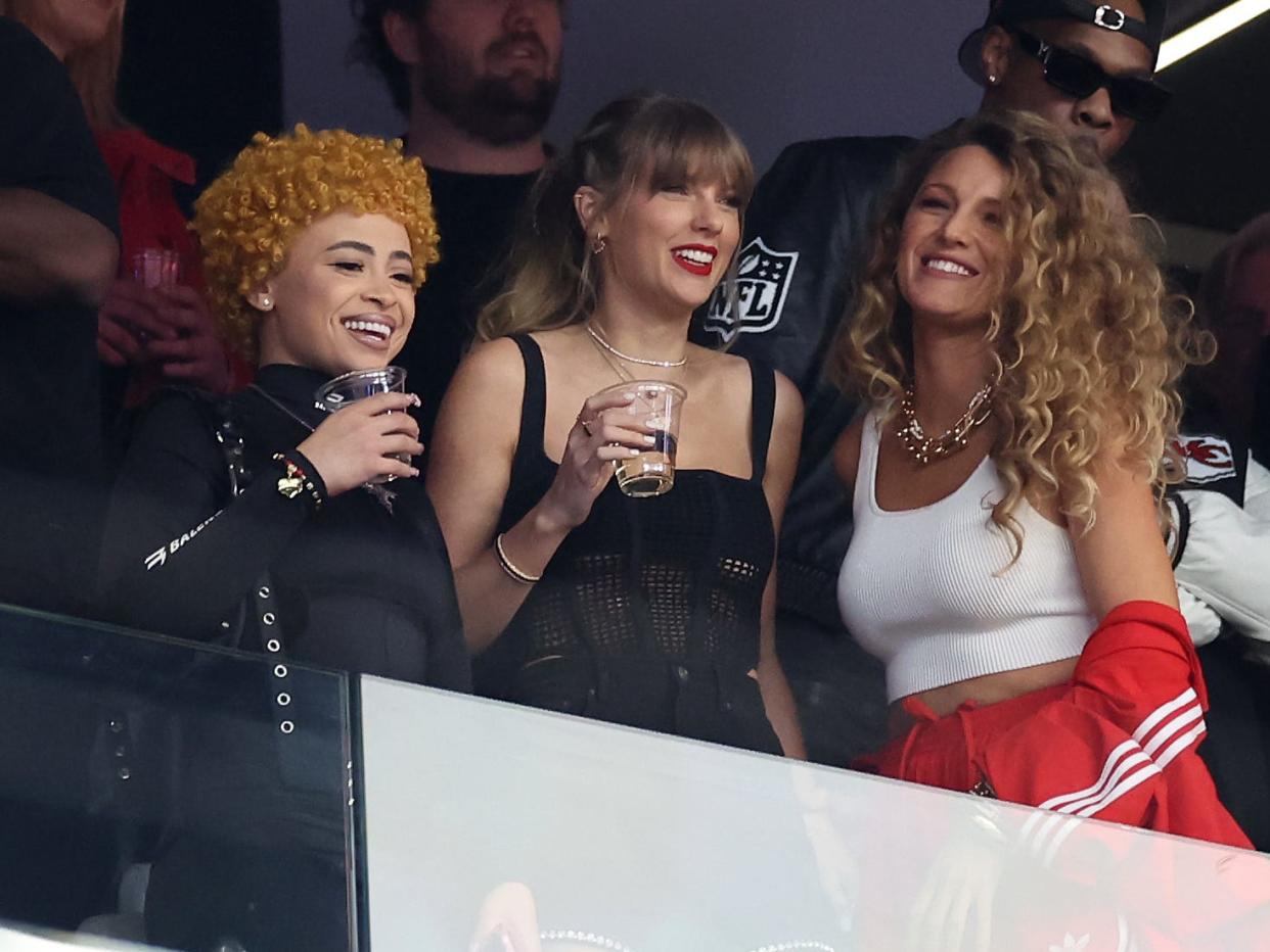 ice spice, taylor swift, and blake lively at the super bowl