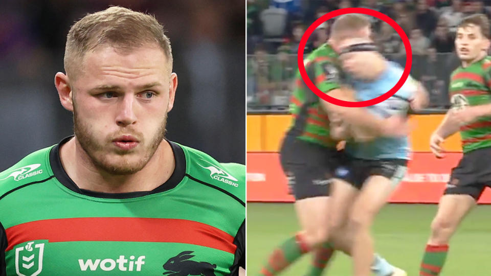 Seen here, Rabbitohs forward Tom Burgess hits a Cronulla player in a high tackle.