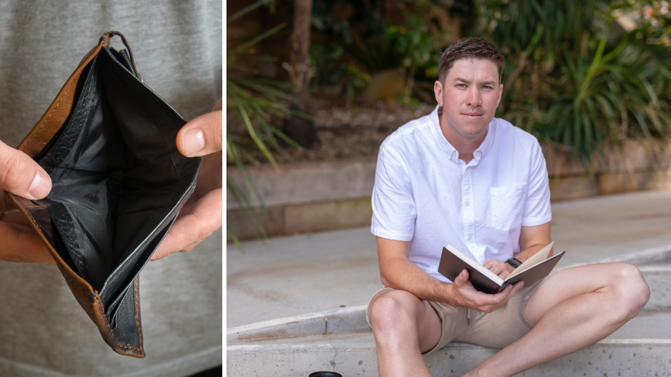 Composite budget image of hands holding open an empty wallet, and a male university student.