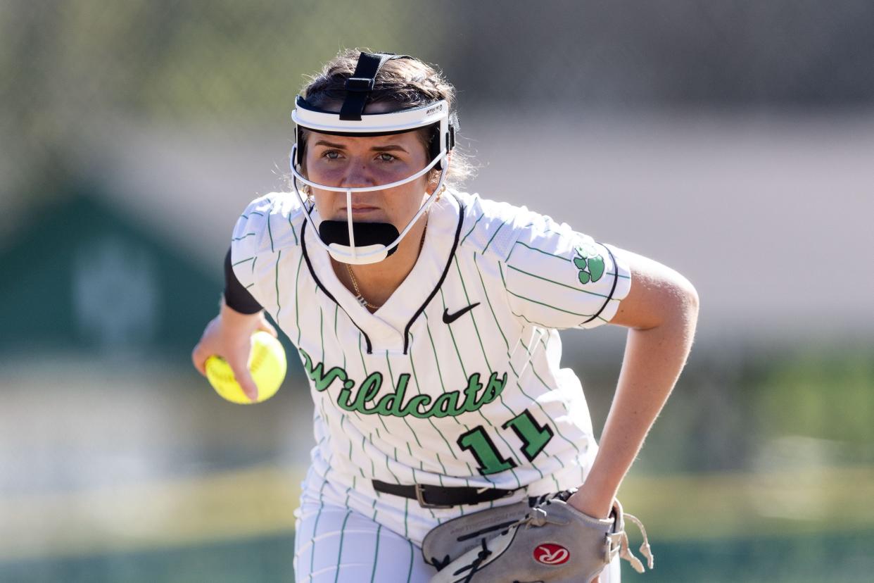 Mogadore pitcher Katie Gardner gets ready to throw during Monday night’s game against the Rootstown Rovers in Mogadore.