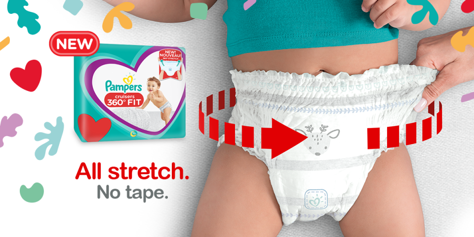 The new Pampers Cruisers 360 FIT features no tapes and an all-around stretchy waistband designed to adapt to all your L.O.'s movin' and shaking. 