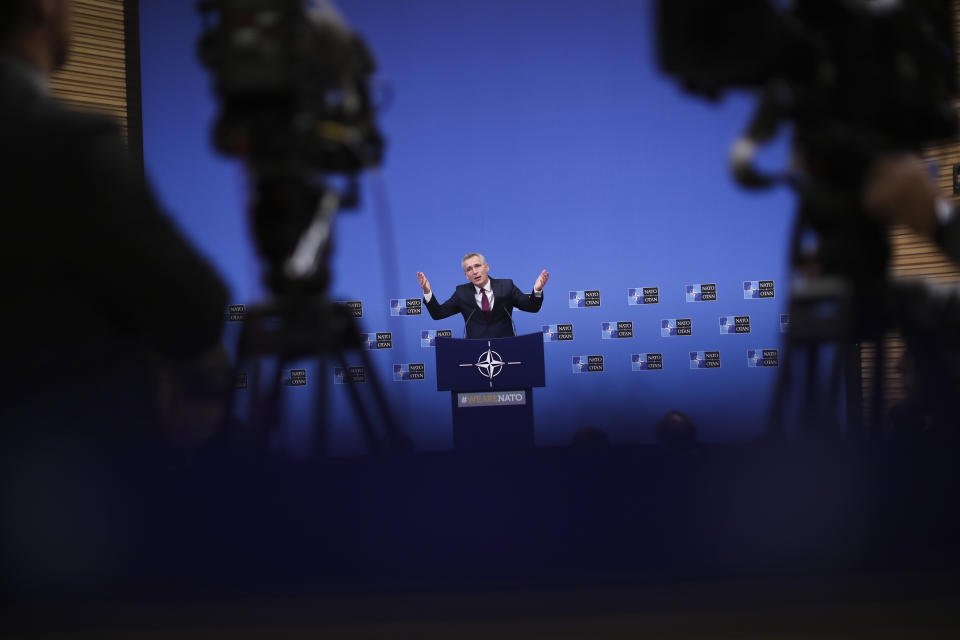 NATO Secretary General Jens Stoltenberg speaks during a media conference at NATO headquarters in Brussels, Tuesday, Feb. 11, 2020. (AP Photo/Francisco Seco)