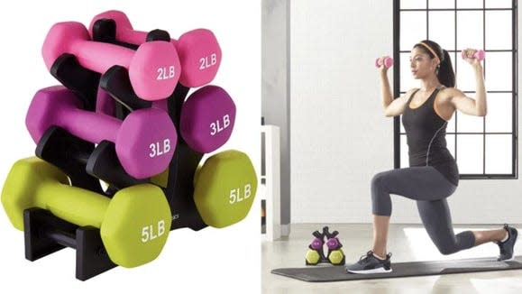 The weights come with an easy-to-assemble stand, too.