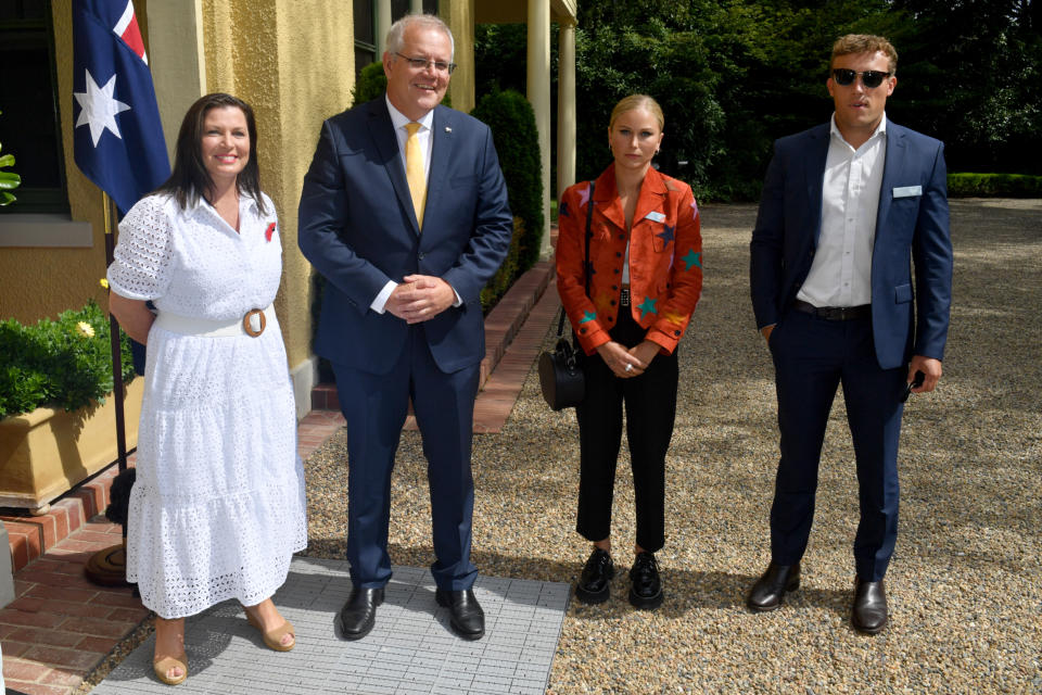 Prime Minister Scott Morrison wife Jenny and 2021 Australian of the Year Grace Tame and partner Max Heerey. Soure: AAP