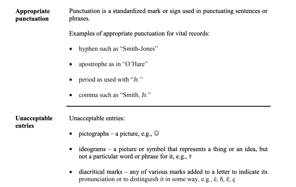 California's Birth Registration Handbook outlines the rules for baby names. (California Dept. of Public Health/Dept. of Public Records)