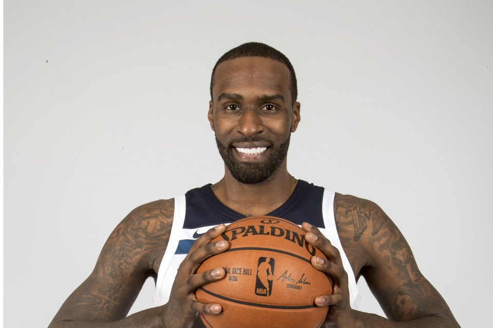 Sep 22, 2017; Minneapolis, MN, USA; Minnesota Timberwolves forward Shabazz Muhammad (15) poses for a photo during media day at Mayo Clinic Square.