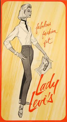 Lady Levi's were invented in 1934, and it wasn't long before department stores started stocking them. Shortly after, the jeans switched from a button fly to a zipper to conform to more ladylike ideals.