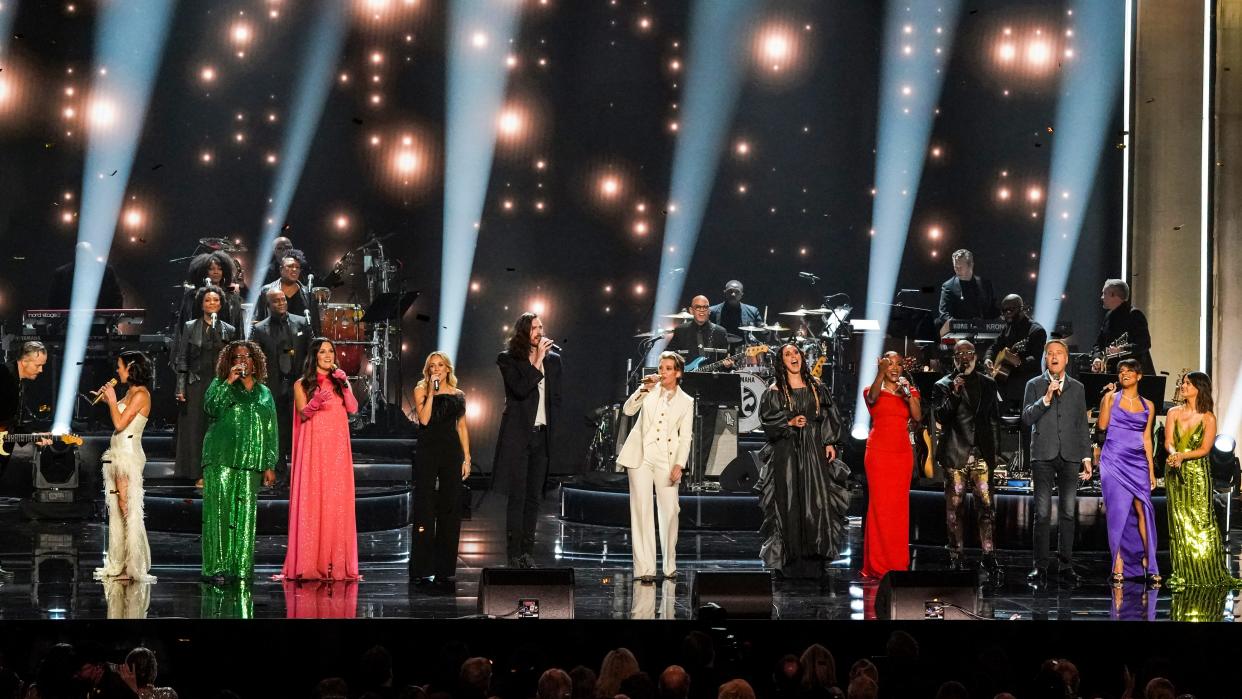 The finale of the 45th Kennedy Center honors featured (L-R): Amanda Shires, Diane Reeves, Natalie Hemby, Sheryl Crow, Hozier, Brandi Carlile, Jamala, Mickey Guyton, Bebe Winans, Michael W. Smith, Ariana Debose, and Maren Morris.