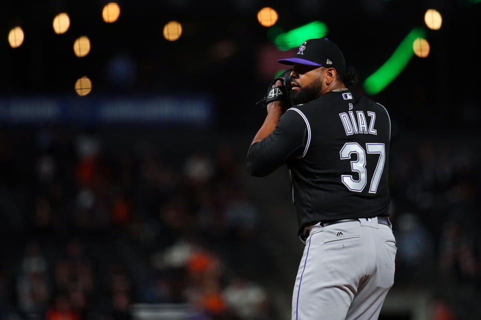 Jairo Diaz #37 of the Colorado Rockies pitches during the game against the San Francisco Giants