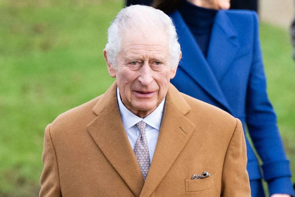<p>Samir Hussein/WireImage</p> King Charles at the Christmas Morning Service at Sandringham Church