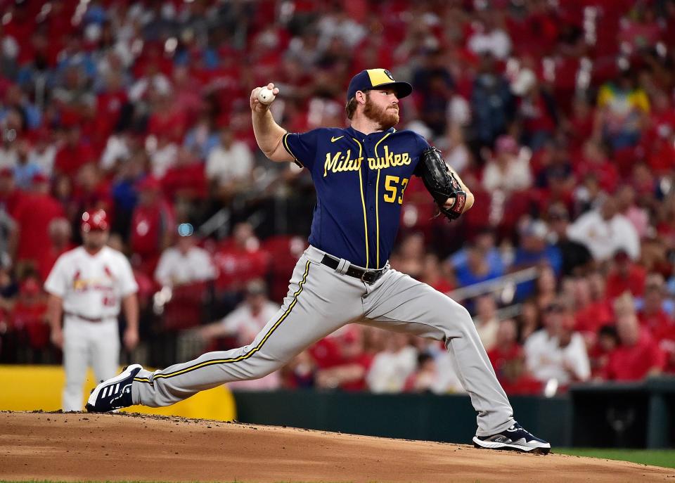 Milwaukee Brewers starting pitcher Brandon Woodruff (53) pitches during the first inning against the St. Louis Cardinals at Busch Stadium.