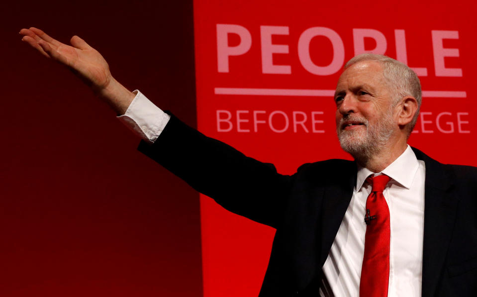 Britain's Labour Party leader Jeremy Corbyn gestures during the Labour party annual conference in Brighton, Britain September 24, 2019.  REUTERS/Peter Nicholls