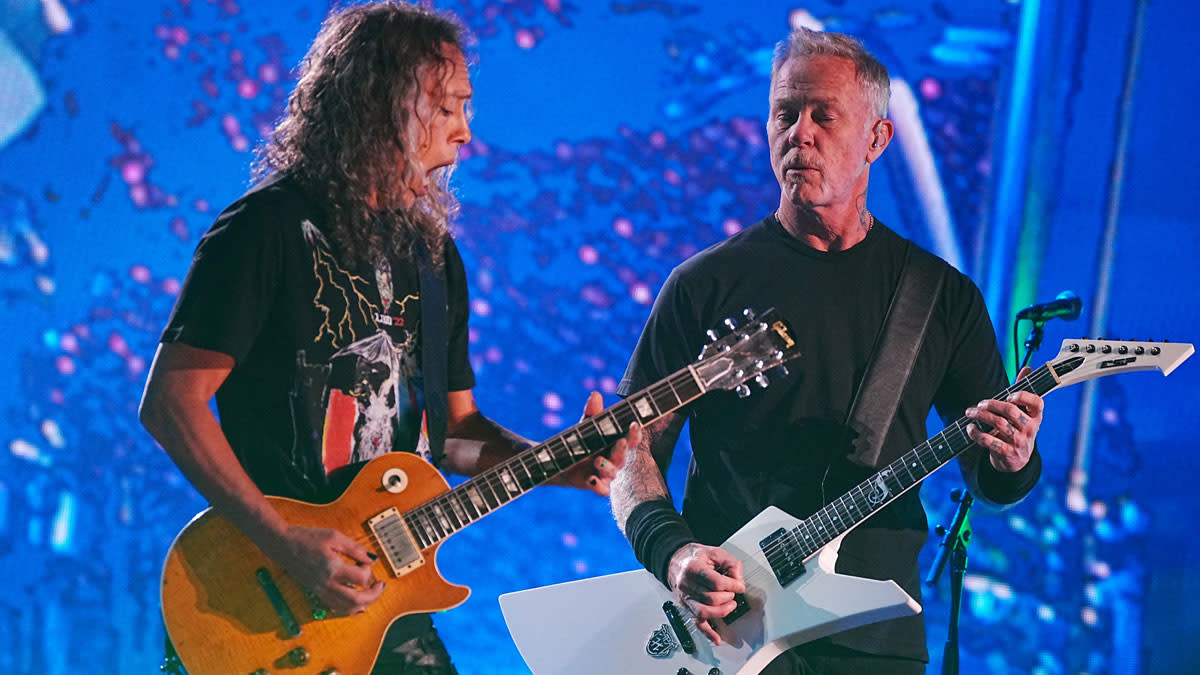  Kirk Hammett and James Hetfield of Metallica perform as Metallica Presents: The Helping Hands Concert (Paramount+) at Microsoft Theater on December 16, 2022 in Los Angeles, California. 