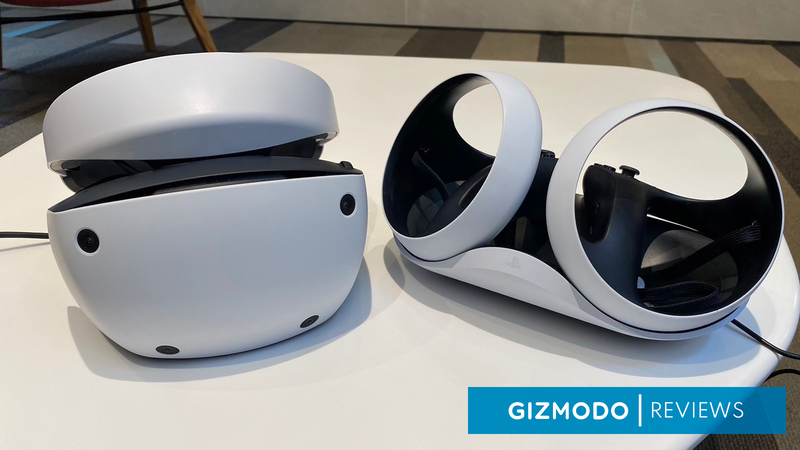 The Sony PSVR 2 pictured next to its optional charging cradle