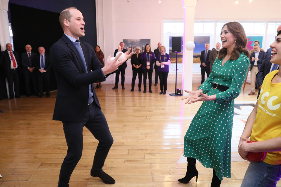 The Duke and Duchess of Cambridge juggling during a special event at the Tribeton restaurant. (Press Association)