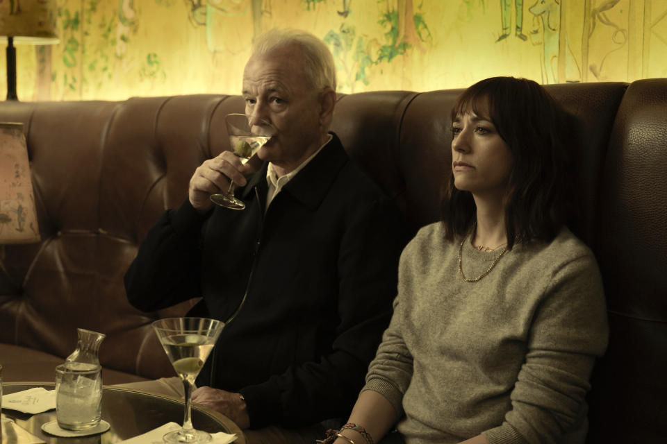 This image released by Apple shows Bill Murray, left, and Rashida Jones in a scene from "On the Rocks." (JoJo Whilden/Apple via AP)