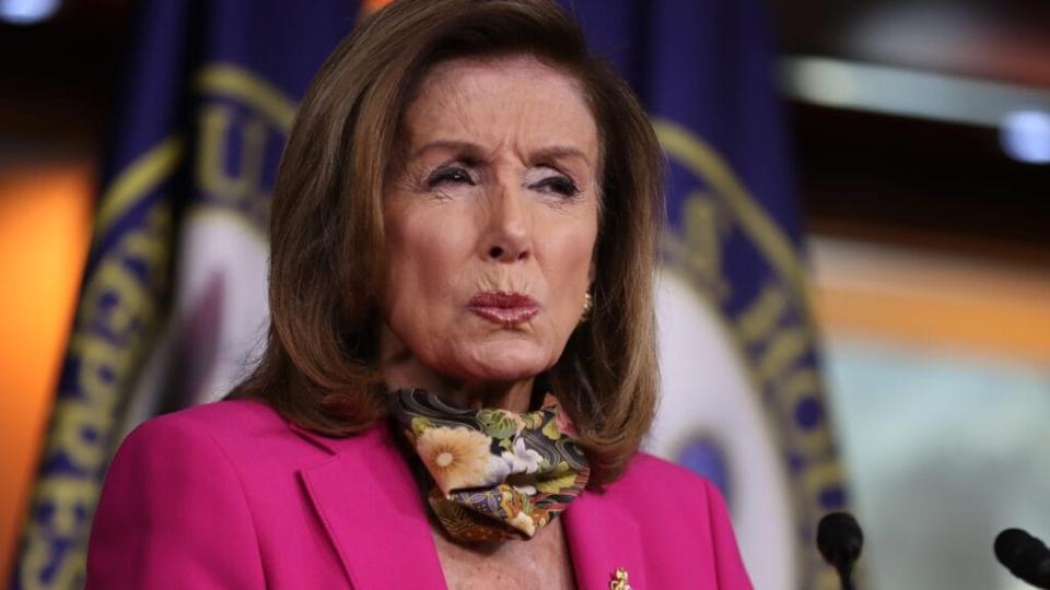 Speaker of the House Nancy Pelosi (D-CA) talks to reporters during her weekly news conference Friday at the U.S. Capitol Visitors Center in Washington, D.C. (Photo by Chip Somodevilla/Getty Images)