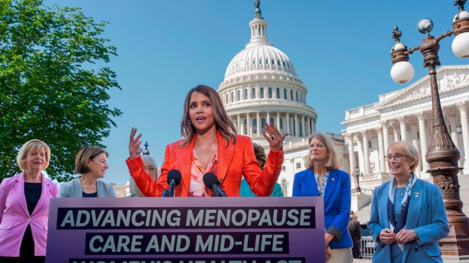 PHOTO: Halle Berry joins female senators as they introduce new legislation to boost federal research on menopause, at the Capitol, May 2, 2024.  (J. Scott Applewhite/AP)