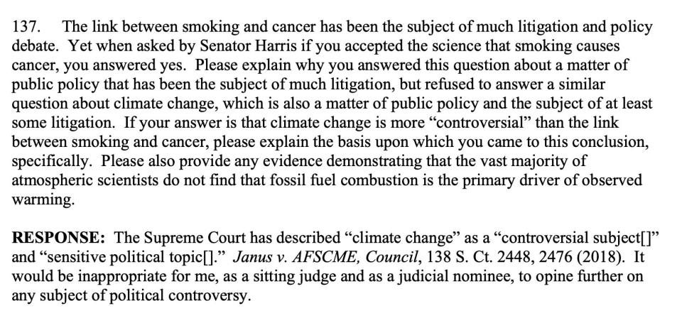 Amy Coney Barrett cited climate change as a "controversial subject" and "sensitive political topic" in her refusal to say whether it exists. (Photo: Senate Judiciary Committee)