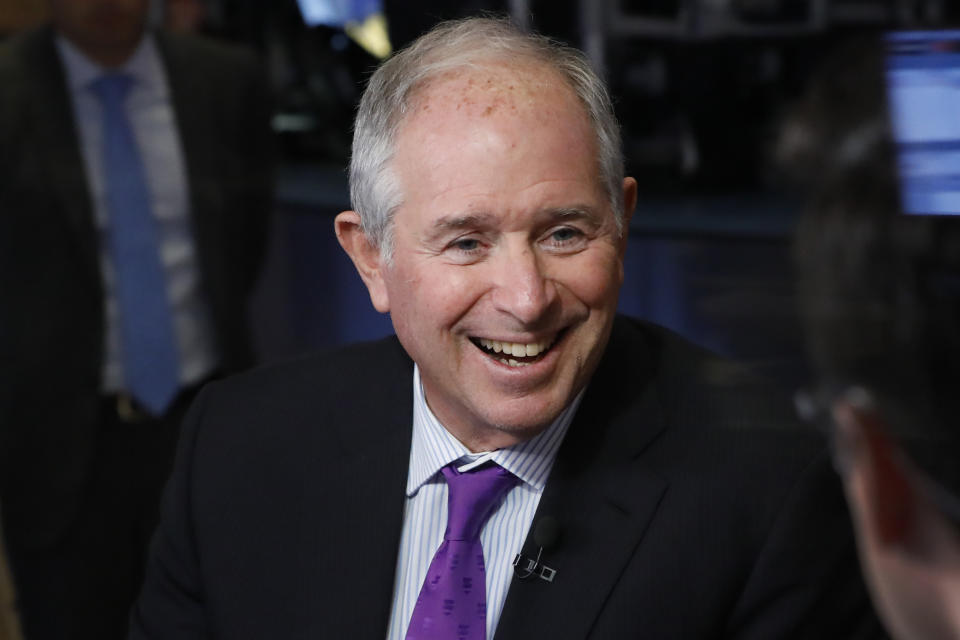 Stephen Schwarzman, chairman, CEO and co-founder of the investment firm Blackstone, is interviewed on the floor of the New York Stock Exchange, Tuesday, Oct. 8, 2019. (AP Photo/Richard Drew)