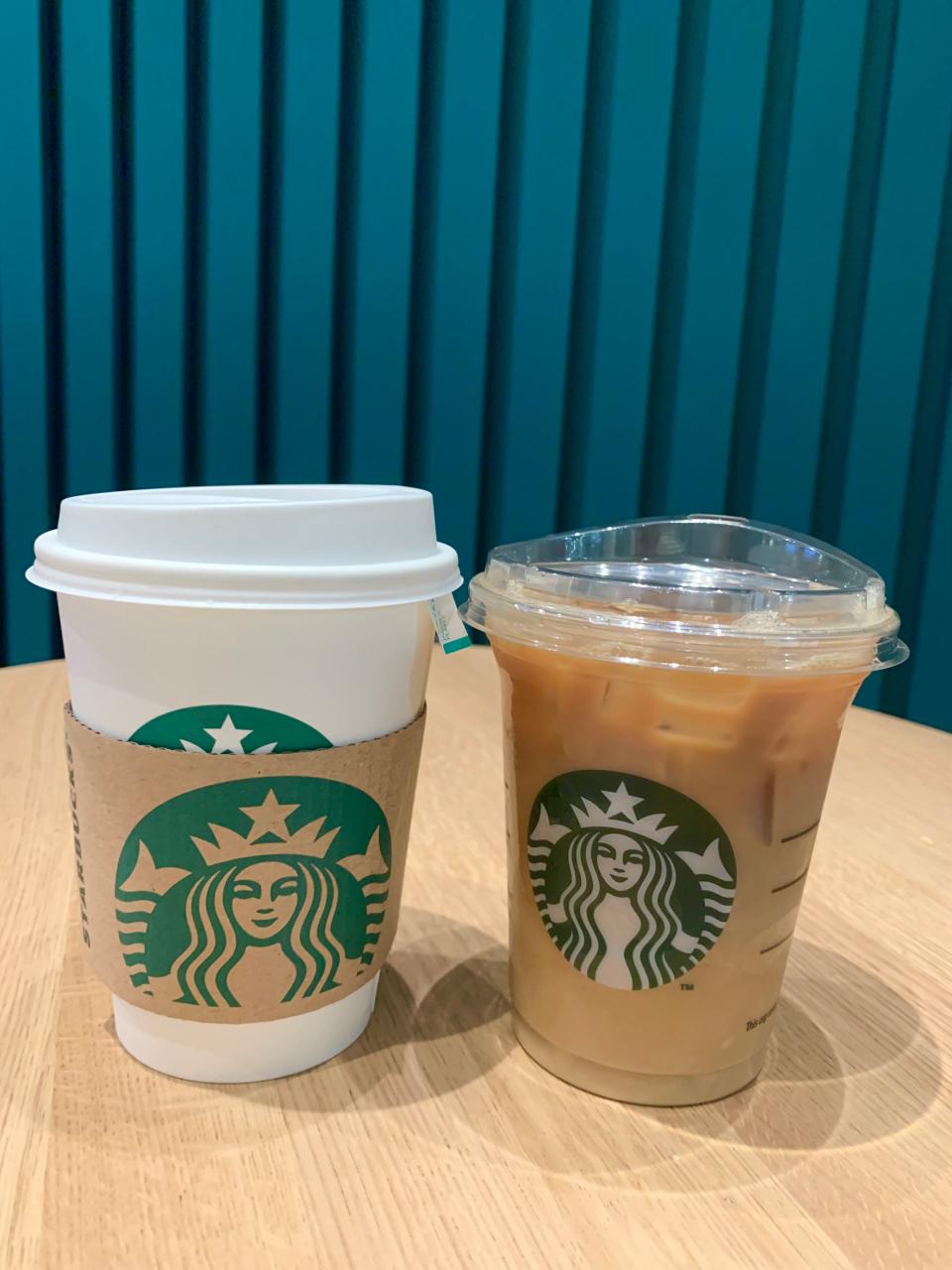 The Starbucks jasmine pearls tea, alongside the cold brew latte