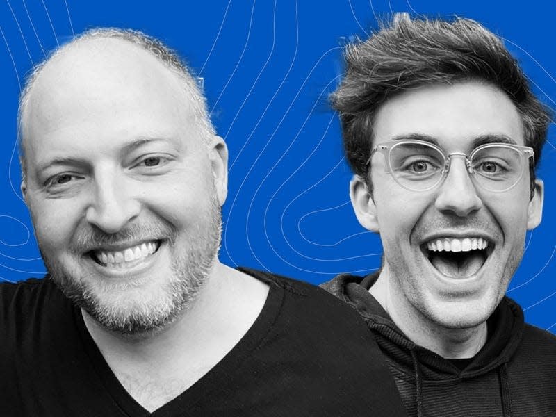 Dan Siroker and Brett Bejcek, Rewind cofounders, pose for a photo against a blue background with scribbles.