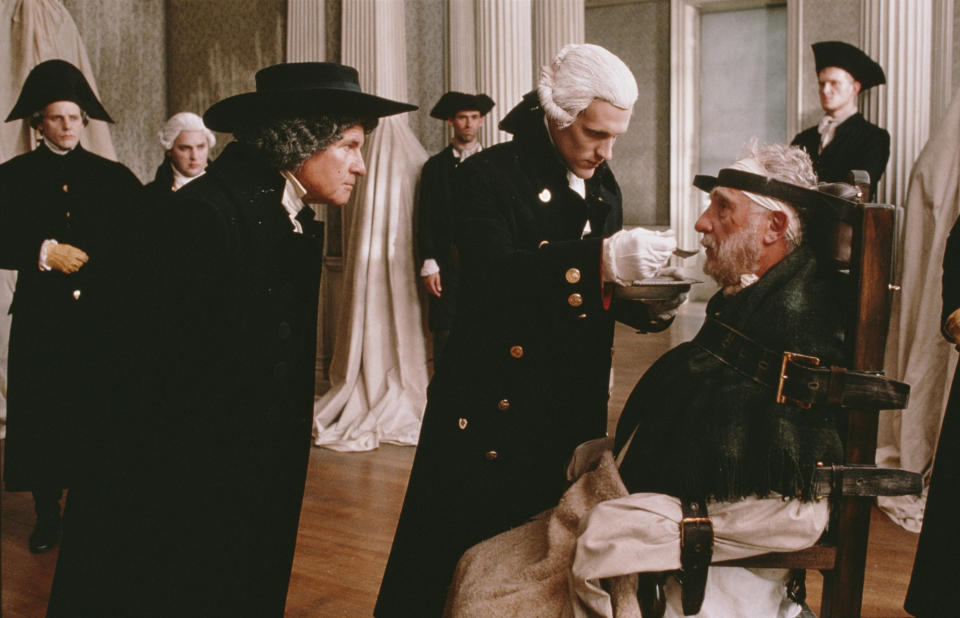 Ian Holm, Matthew Lloyd Davies and Nigel Hawthorne as King George III in 'The Madness of King George'. (Photo by Keith Hamshere/Getty Images)