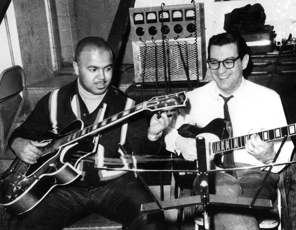 Robert White, left, and fellow Motown guitarist Joe Messina, in Studio A at Hitsville USA, DetroitRex Features