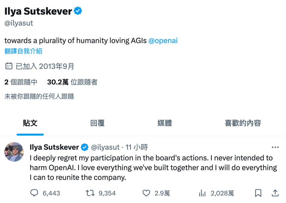 OpenAI董事會成員蘇茨克維在X上發文道歉，稱沒有想要傷害公司。（翻攝自@ilyasut X）