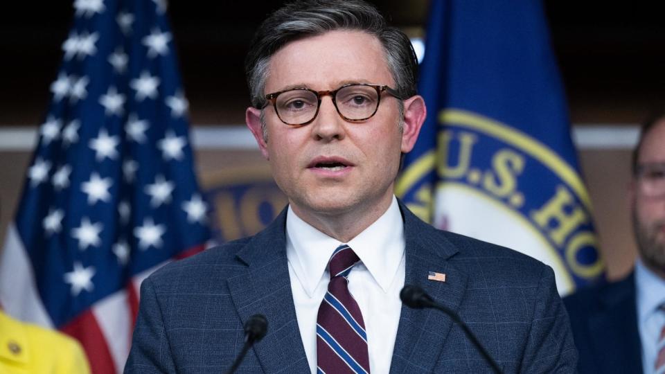 PHOTO: Speaker of the House Mike Johnson speaks during a news conference about the pro-Palestinian protests occurring on college campuses nationwide, on Capitol Hill, April 30, 2024. (Saul Loeb/AFP via Getty Images)