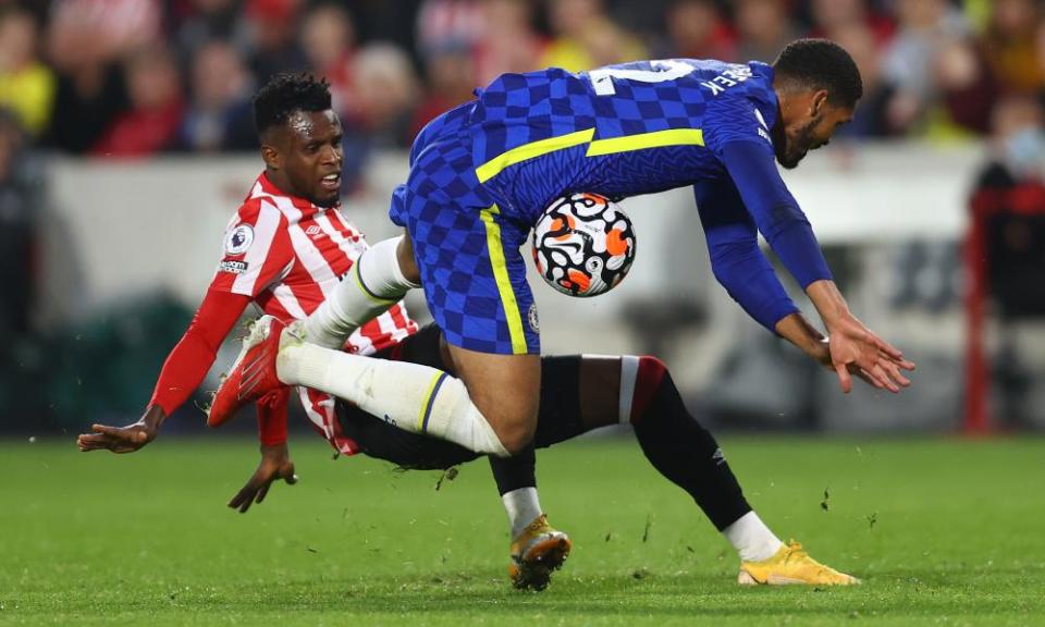 Ruben Loftus-Cheek is brought down by Brentford’s Frank Onyeka