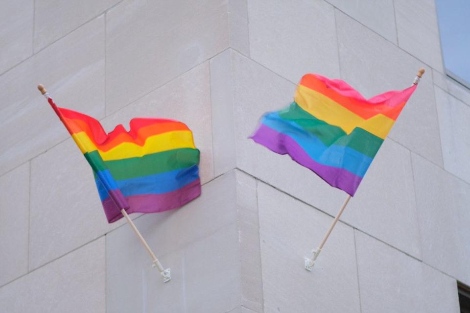 A LGBTQ pride flag is flown outside the Romney Building in Lansing on June 15, 2019.