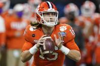 FILE - Clemson quarterback Trevor Lawrence passes against Ohio State during the first half of the Sugar Bowl NCAA college football game in New Orleans, in this Friday, Jan. 1, 2021, file photo. Jacksonville’s draft prospects helped lure Urban Meyer out of coaching retirement. The No. 1 choice, an opportunity to grab Clemson star Trevor Lawrence and secure a franchise quarterback for the foreseeable future. (AP Photo/John Bazemore, File)