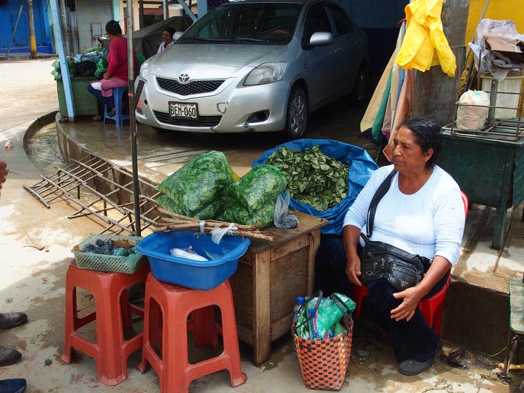 Peruvian woman sitting at a staff offering bags of coca for chewing.