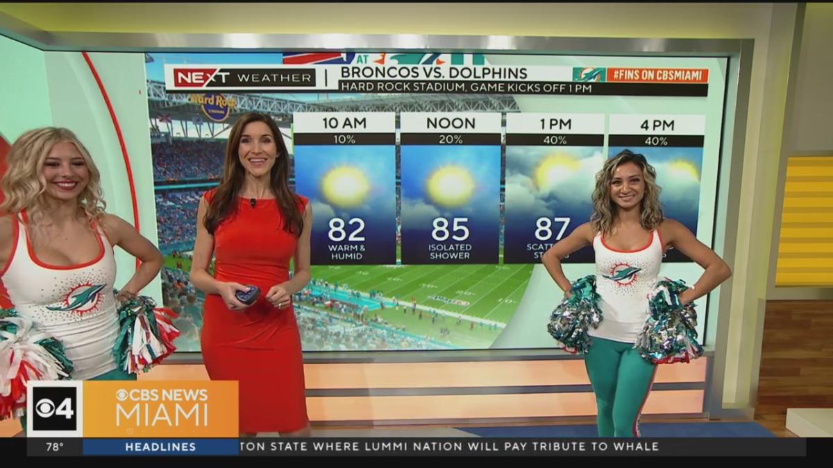 Miami Dolphins cheerleaders stop by to check on the game day forecast