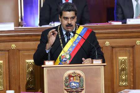 Venezuela's President Nicolas Maduro speaks during a special session of the National Constituent Assembly to present his annual state of the nation in Caracas, Venezuela January 14, 2019. Miraflores Palace/Handout via REUTERS