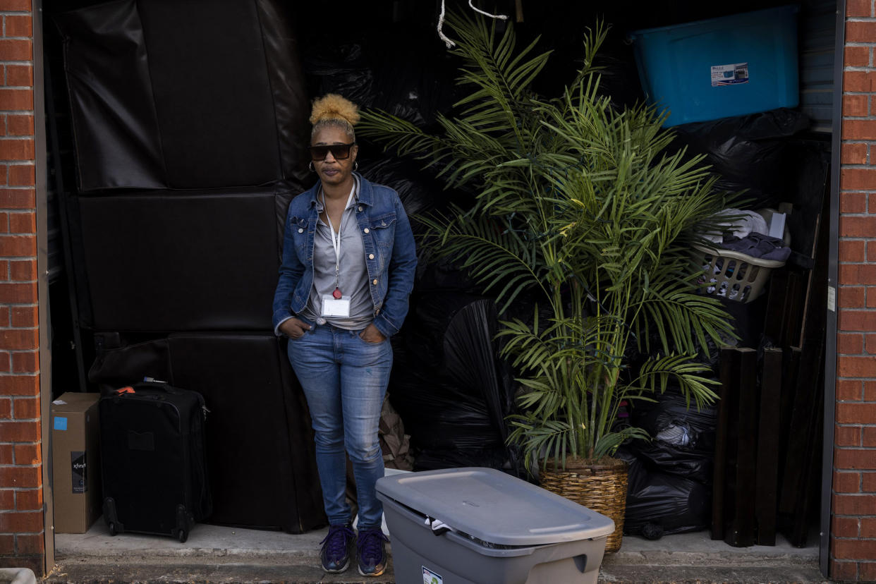 Image: Rosa Jackson in front of her belongings at Horn Lake Self Storage after being evicted from her home at the Gramercy East Apartments, in Horn Lake, Miss., on April 1, 2021. (Brad Vest / for NBC News)