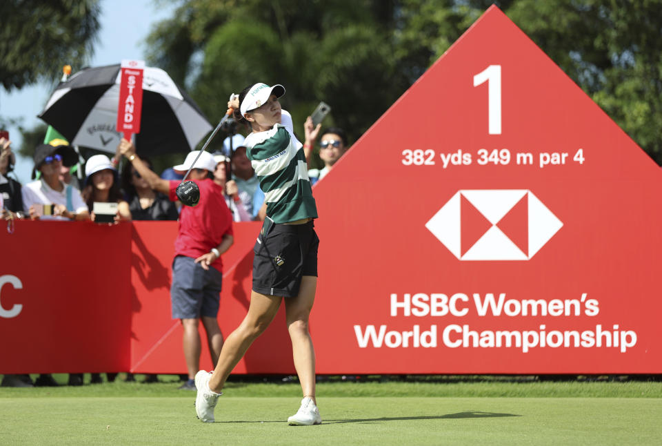Lydia Ko of New Zealand is plays her first tee shot during the first round of the HSBC Women's Wold Championship at the Sentosa Golf Club in Singapore Thursday, Feb. 29, 2024. (AP Photo/Danial Hakim)