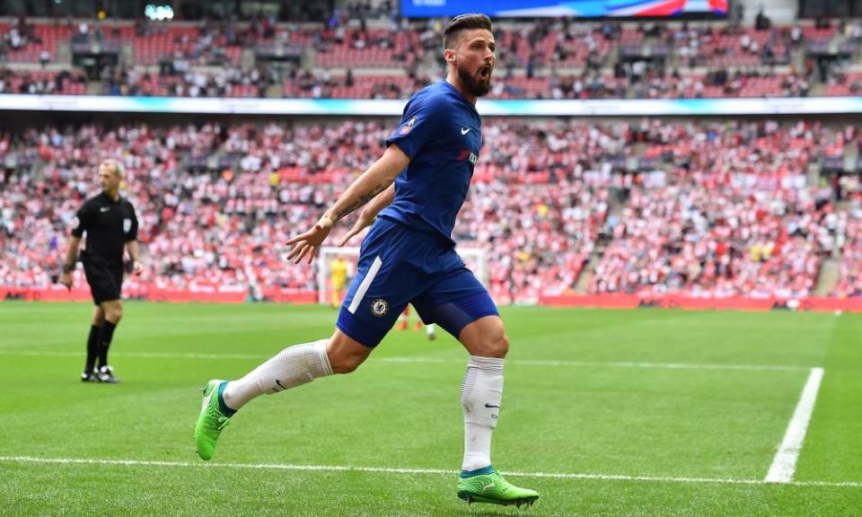 Olivier Giroud celebrates after scoring the opening goal at Wembley.