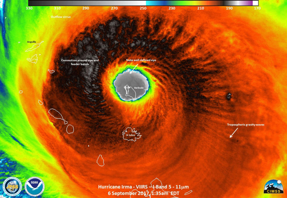 An infrared image captured by the Visible Infrared Imaging Radiometer Suite (VIIRS) instrument on board the NOAA/NASA Suomi NPP satellite, on Sept. 6, 2017, showing Category 5 Hurricane Irma as it made landfall on the island of Barbuda. A VIIRS instrument will also fly on the JPSS-1 satellite. <cite>NOAA/JPSS</cite>