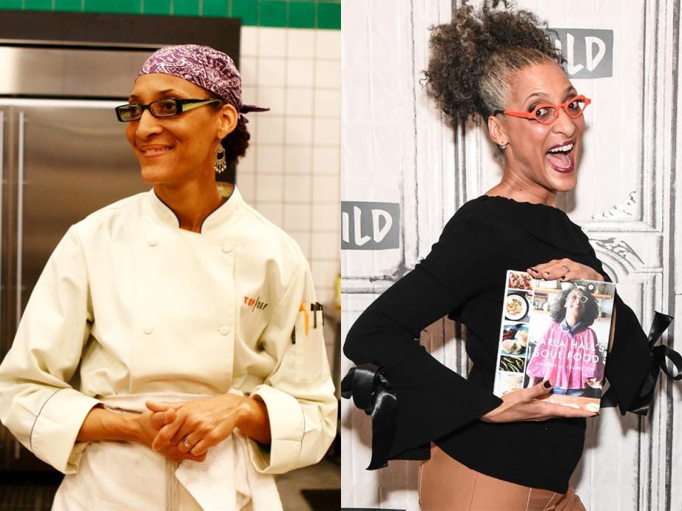 On the left, Carla Hall competing on Top Chef. On the right, Carla Hall holding and posing with her cookbook.