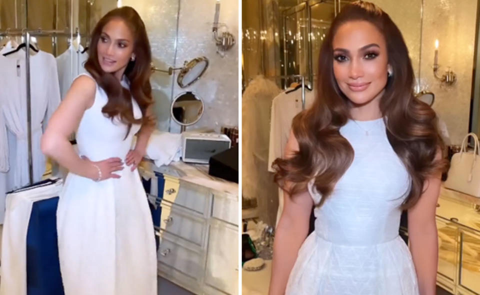 Two photos of Jennifer Lopez trying on a white dress in a hotel bathroom