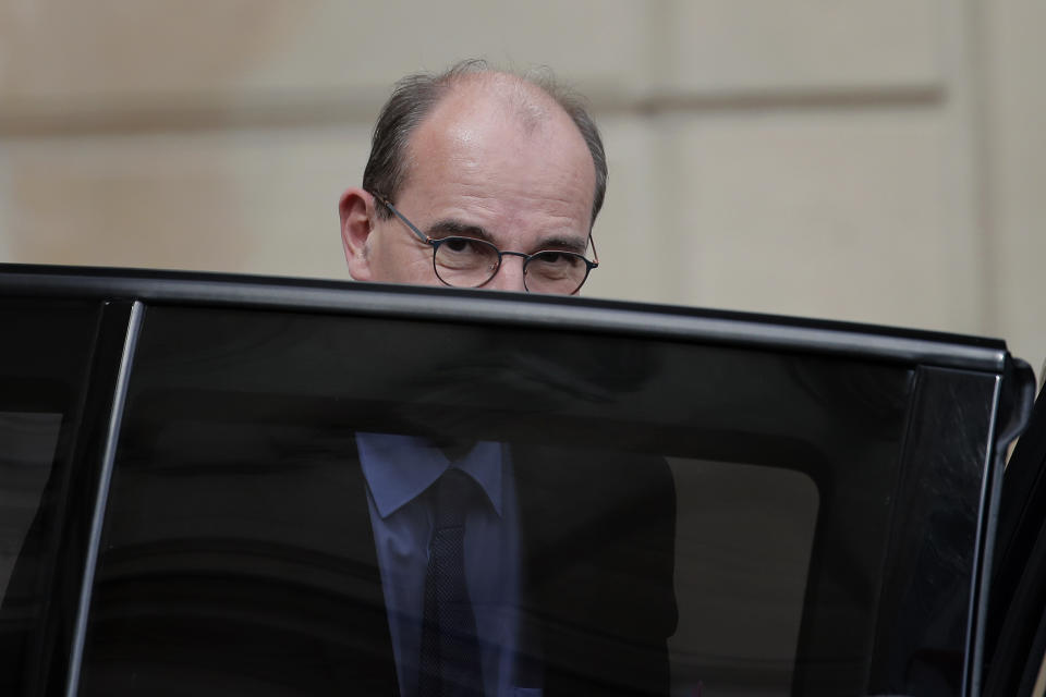 France's Prime Minister Jean Castex leaves after the weekly cabinet meeting at the Elysee Palace in Paris, Wednesday, July 15, 2020. (AP Photo/Christophe Ena)