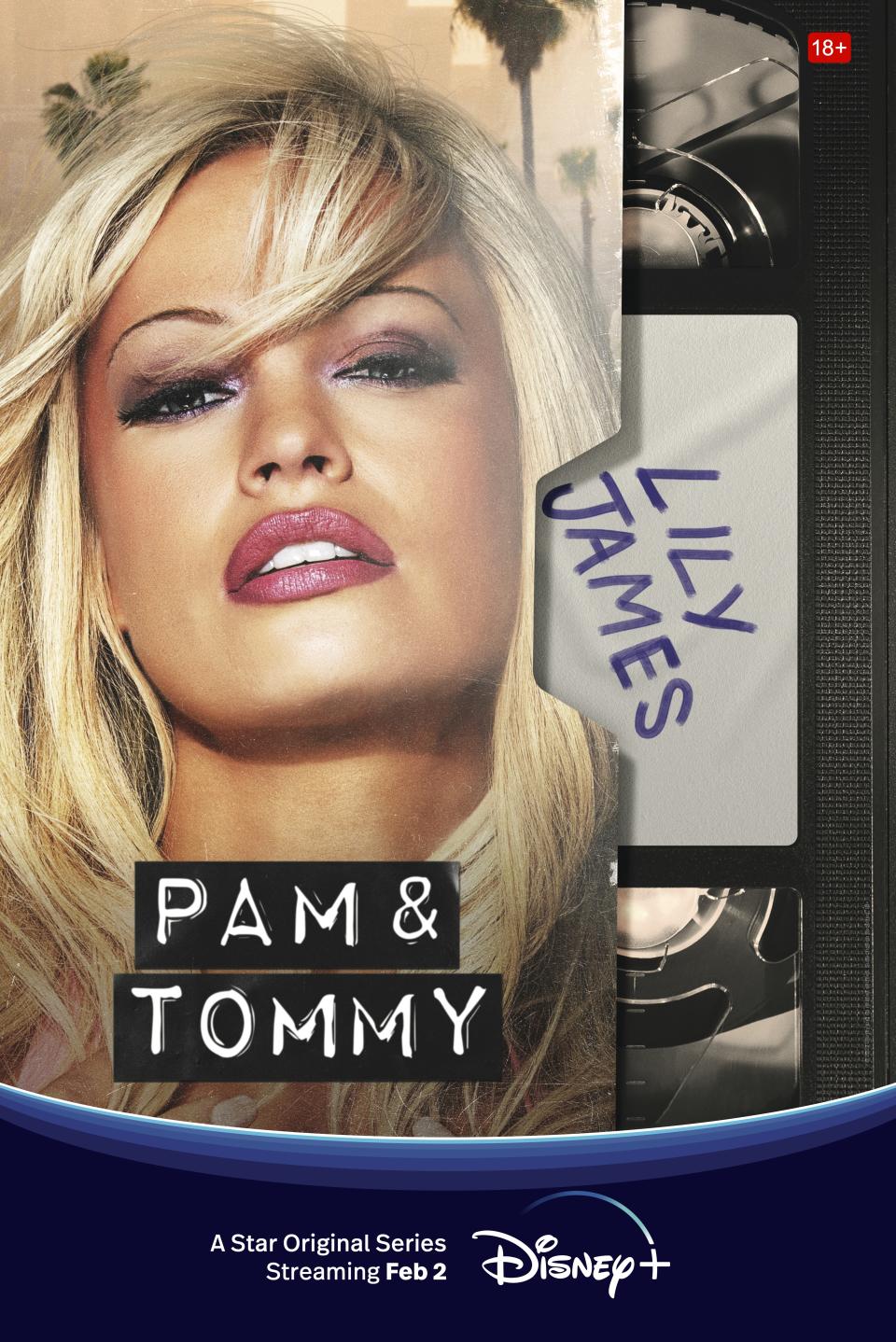 Lily James as Pamela Anderson in the poster for 'Pam & Tommy'. (Disney+)