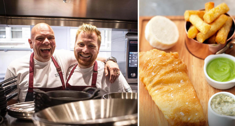 Tom Kerridge and another chef stand smiling in a kitchen (left) and a fish and chips meal on a board (right).