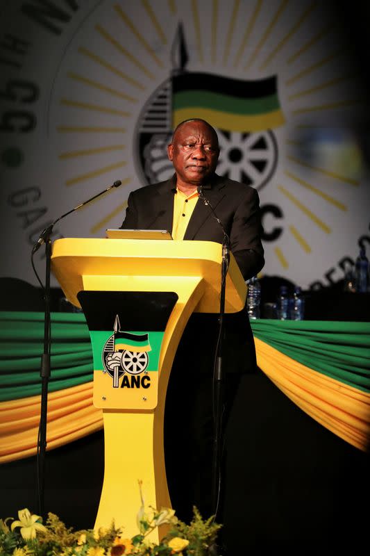 Newly re-elected president of the African National Congress (ANC) Cyril Ramaphosa speaks at the 55th National Conference of the ANC in Johannesburg