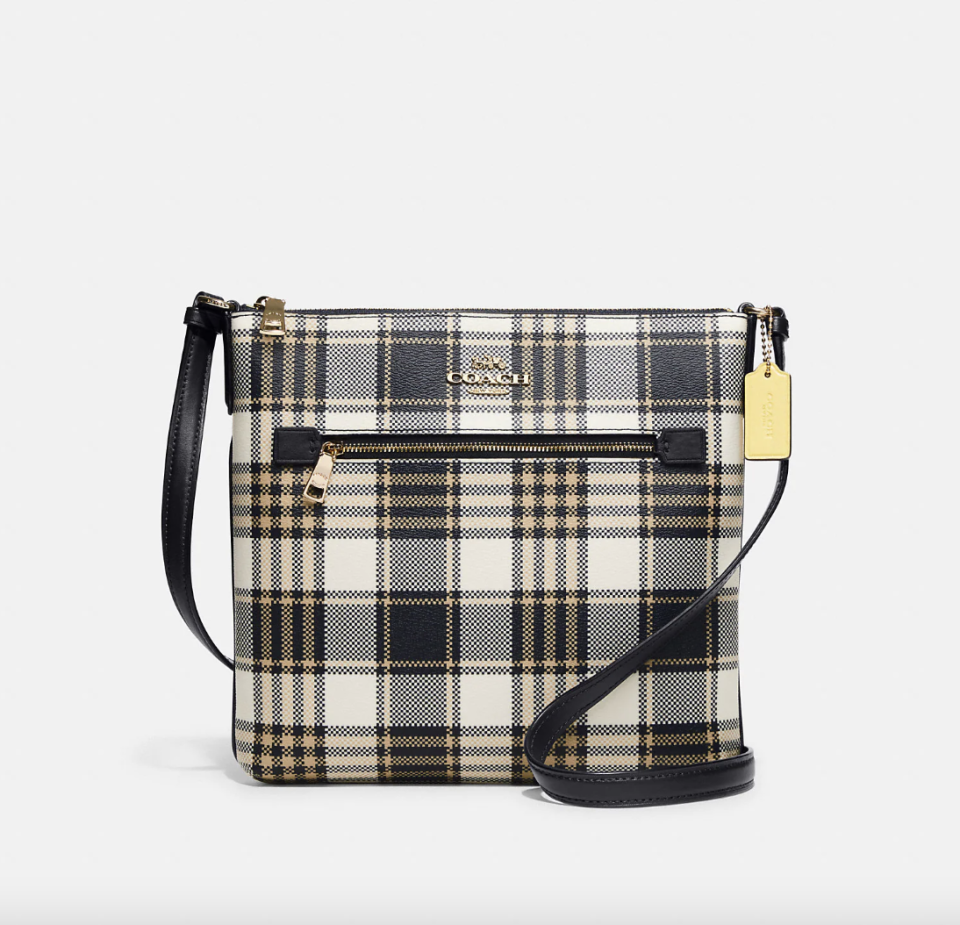 Coach Outlet Rowan File Bag With Garden Plaid Print in Gold/Midnight Multi (Photo via Coach Outlet)